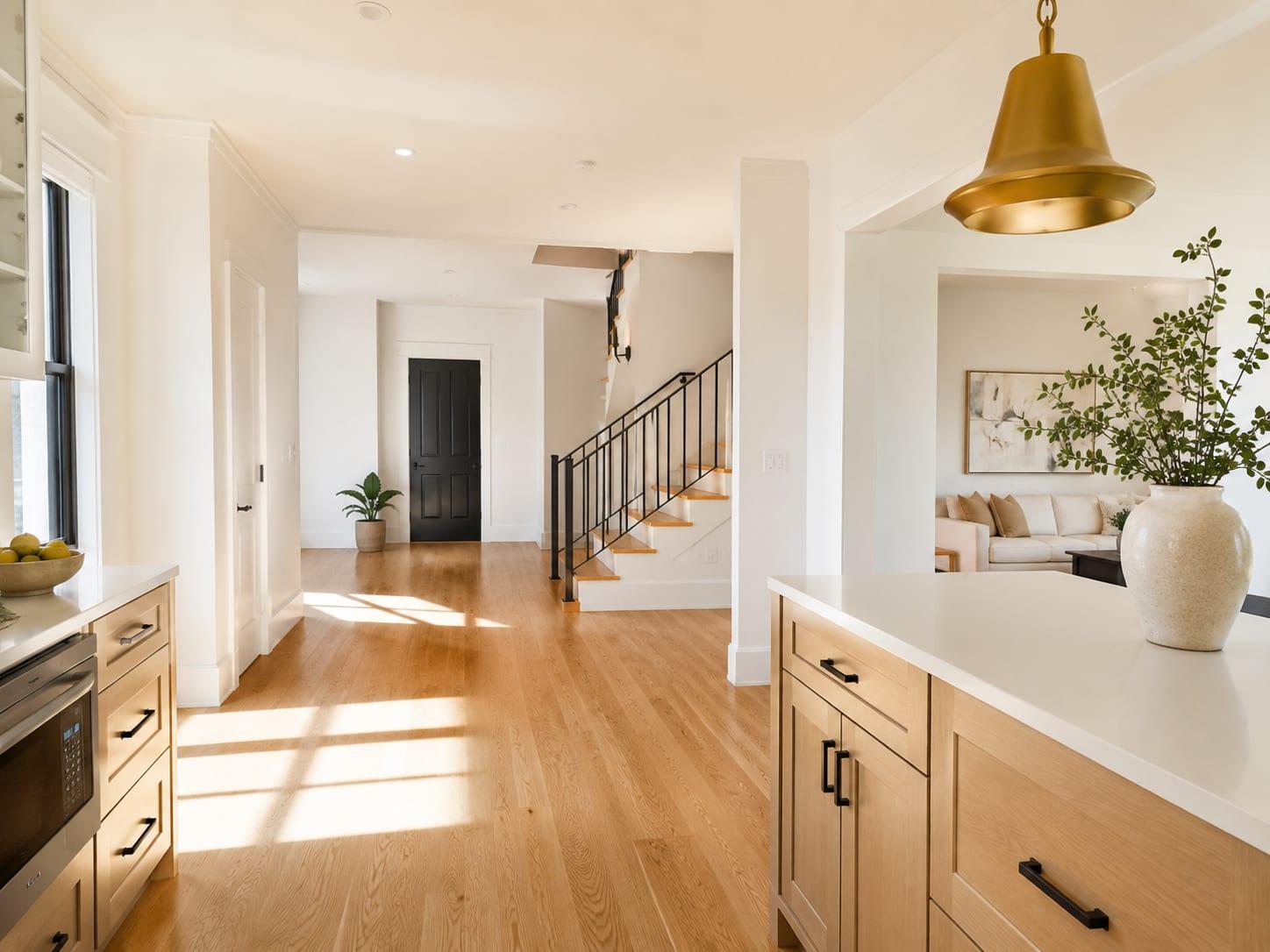 Newly renovated home interior with fresh white walls and dust-free hardwood floors