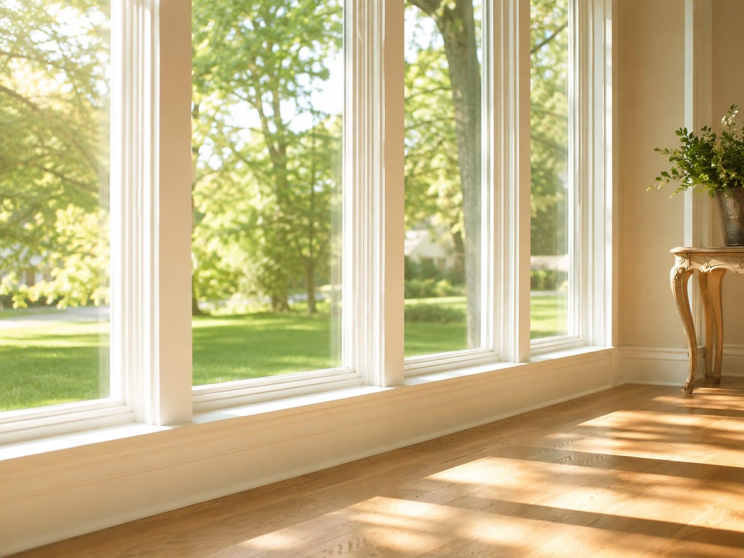 Wall of streak-free windows letting sunlight into a clean living room